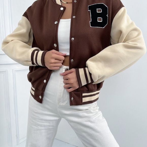 New Letter Patched Striped Trim Drop Shoulder Varsity Jacket Brown 226 - Picture 2 of 6